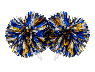 Two colorful blue, gold, and silver pom-poms with shiny metallic foil streamers are arranged symmetrically, representing team spirit for a sporting event or competition