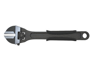 Obraz premium Sleek black adjustable wrench with a carbon fiber texture, ergonomic handle, and serrated metal jaws for a strong grip, viewed directly from above in a clean, modern style