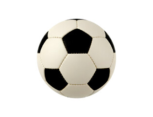 Fototapeta premium Classic black and white soccer ball featuring a traditional pentagon and hexagon panel design with visible leather texture and detailed stitching under even studio lighting
