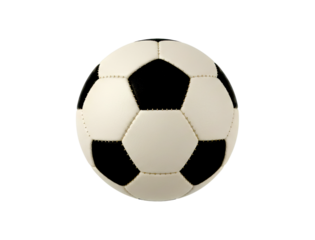 Classic black and white soccer ball featuring a traditional pentagon and hexagon panel design with visible leather texture and detailed stitching under even studio lighting