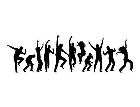 White outline silhouettes of a happy crowd dancing energetically, with people jumping and raising their arms in celebration at a music festival or party