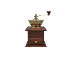Vintage manual coffee grinder with a dark wooden body, a brass metal hopper, and a small drawer for grounds features a classic hand crank with a turned wood handle