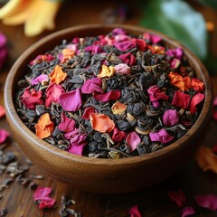 A bowl of tea and flower petals