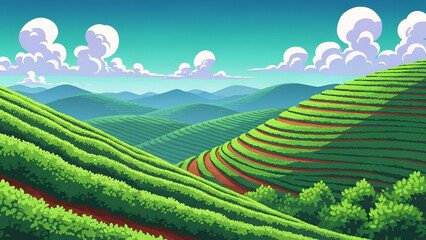 Lush green tea plantation under clear sky