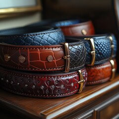 A collection of belts on a table