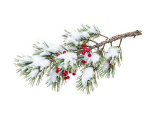 Realistic snow-covered pine tree branch with vibrant red berries and frosty green needles creates a beautiful and festive winter holiday decoration