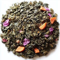  a handful of green tea with dried fruit pieces