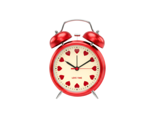 Red vintage style alarm clock with a cream dial featuring heart shapes instead of numbers and the romantic text 'Love Time' printed on its face in a close-up view
