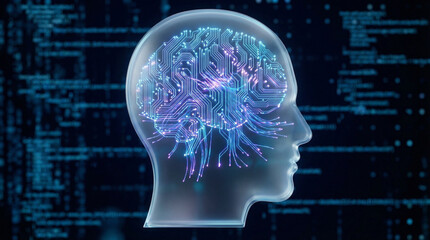 Obraz premium Human Head Silhouette with Glowing Brain Illustration on Dark Background, 45.jpg, Technology Concept Art, Abstract Digital Representation, Futuristic Viewpoint