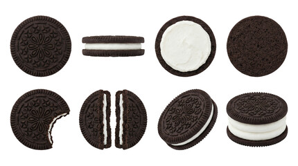 Chocolate sandwich cookie set including whole, side view, opened with cream, bitten, and double stuffed variants isolated. Sweet snack and biscuit collection.