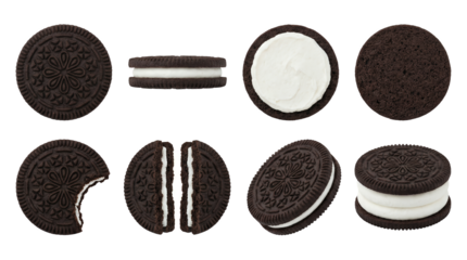 Chocolate sandwich cookie set including whole, side view, opened with cream, bitten, and double stuffed variants isolated. Sweet snack and biscuit collection.