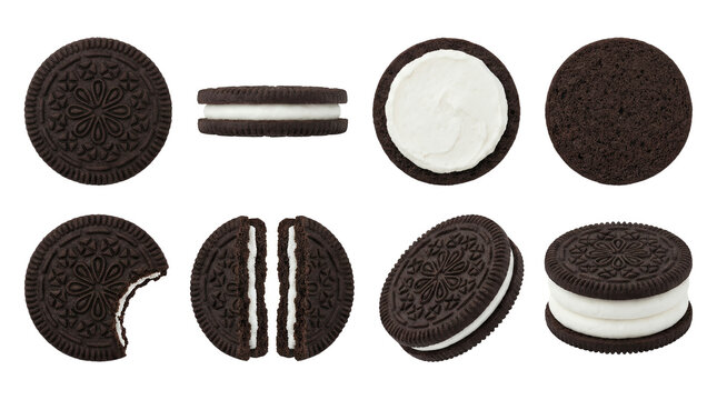 Chocolate sandwich cookie set including whole, side view, opened with cream, bitten, and double stuffed variants isolated. Sweet snack and biscuit collection.