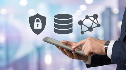 Businessman interacting with tablet for secure data management