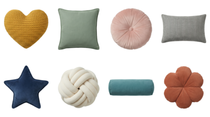 Decorative pillow set including heart, star, round, square, bolster, flower, and knot shapes isolated. Soft textile home decor cushion collection.