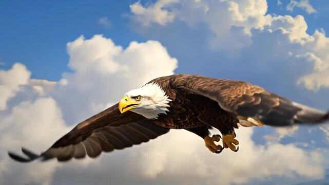 Majestic bald eagle soars through the sky, wings spread wide against a backdrop of f clouds.