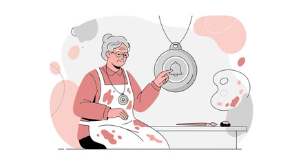 A talented senior artist points to a notification bell with an artistic touch vector illustration