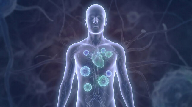 Human body illuminated with glowing blue-green cells and microorganisms in a dark, abstract environment, viewed from the front, 60.jpg reference