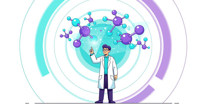 A scientist in a lab coat presenting molecules within a futuristic interface illustration