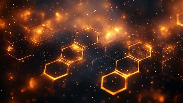 Network of Glowing Hexagons: A captivating abstract composition showcasing an intricate network of glowing hexagons, seamlessly interwoven with shimmering particles, set against a dark.