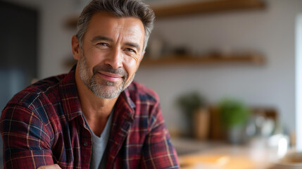 Obraz premium Happy mid adult man in casual clothing smiling at home, positive lifestyle portrait, comfortable domestic setting, relaxed male contentment, home environment wellbeing, with copy space