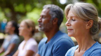 Active mature multiethnic people practicing meditation at park, outdoor mindfulness session, diverse wellness group, spiritual health practice, nature setting relaxation, with copy space