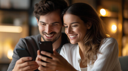 Faceless mid adult couple enjoying social media together at home, shared digital experience, relationship bonding moment, defocused living room background, modern connectivity lifestyle, with copy