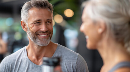 Faceless healthy mature people chatting after workout, post-exercise social moment, fitness community bonding, wellness lifestyle interaction, defocused gym or park background, with copy space