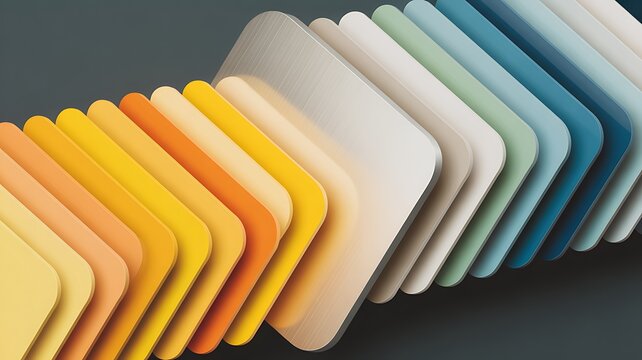 Abstract modern layered design featuring an arrangement of colorful rounded square shapes with textured metallic surfaces.