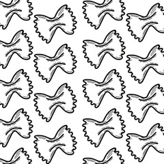 Fototapeta premium Seamless pattern of farfalle pasta in black line art, bow tie-shaped outlines on white background, minimalist digital illustration for culinary design. 