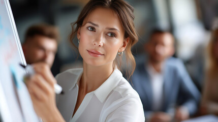 Faceless female team leader presenting ideas on whiteboard, professional leadership moment, business collaboration scene, defocused meeting room, workplace presentation, with copy space