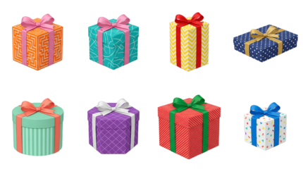 Gift box set including square, round, and hexagonal shapes with colorful patterns isolated. Festive celebration and holiday present collection.