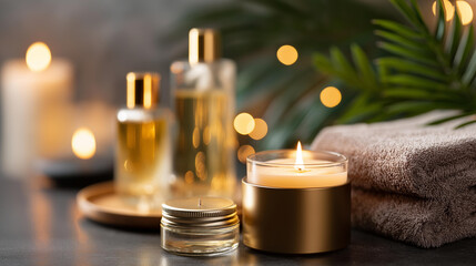 Close-up of luxury beauty set with aromatherapy candles at spa, premium wellness products, self-care treatment essentials, relaxation atmosphere items, tranquil spa environment, with copy space