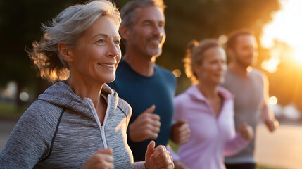 Mature group of men and women running together at park during sunset, fitness activity, outdoor exercise community, healthy lifestyle pursuit, golden hour jogging scene, with copy space