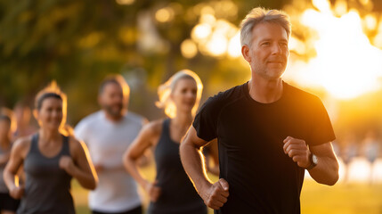 Mature group of men and women running together at park during sunset, fitness activity, outdoor exercise community, healthy lifestyle pursuit, golden hour jogging scene, with copy space