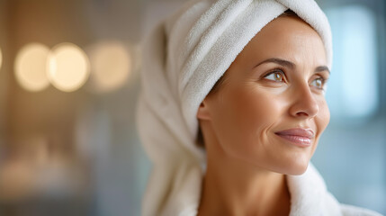 Faceless beautiful mid adult woman after shower looking at mirror, post-bath routine, personal care reflection moment, bathroom self-care scene, daily beauty ritual, with copy space