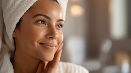 Faceless beautiful mid adult woman after shower looking at mirror, post-bath routine, personal care reflection moment, bathroom self-care scene, daily beauty ritual, with copy space