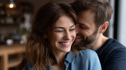 Happy smiling couple in love embracing at home, romantic relationship moment, intimate partnership connection, domestic affection scene, loving bond display, with copy space