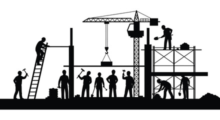 A striking black and white depiction of a construction site with workers actively building a structure presented as a silhouette © mrvect02