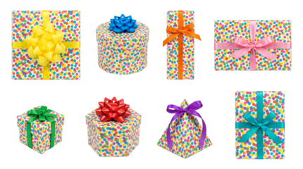 Colorful gift box set including square, round, and hexagonal shapes with various ribbon colors isolated. Birthday party celebration and holiday present collection.