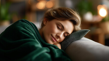 Beautiful woman relaxing under green blanket in cozy home interior, comfortable living space, wellness and self-care moment, warm domestic environment, peaceful relaxation scene, with copy space