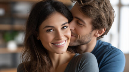 Happy smiling couple in love embracing at home, romantic relationship moment, intimate partnership connection, domestic affection scene, loving bond display, with copy space