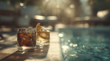 Two glasses of drinks sit on a ledge beside a pool, filled with ice. One glass contains a dark beverage, while the other has a light one with a lemon slice. Sunlight reflects off the water.