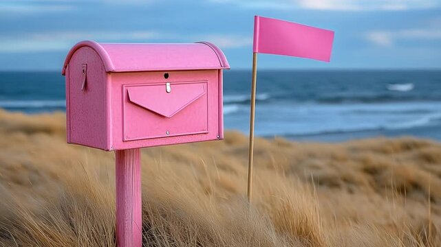Pink Mailbox by the Sea: A charming pink mailbox stands elegantly amidst coastal dunes, its flag waving gently against the backdrop of a serene ocean and sky.