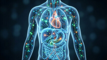 Human Body Internal Organs Illuminated with Vibrant Colors Visible through Transparent Skin from a Front Viewpoint like 88.jpg