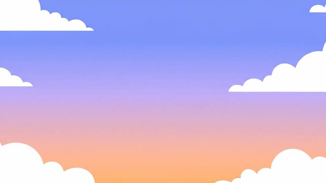 Beautiful 2D animated flat style white clouds drifting across a vibrant sunset sky background with orange and purple gradient tones, ideal for children educational content and video intros.