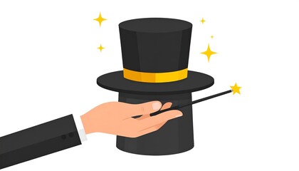 Cartoon illustration featuring a classic magician's top hat, wand, hand, and sparkly stars