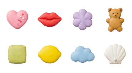 Gourmet shaped macaron set including heart, lips, flower, bear, square, lemon, cloud, and seashell designs. Decorative sweet pastry and confectionery collection.