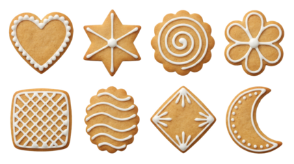 Gingerbread cookie set including heart, star, flower, moon, and geometric shapes with white icing isolated. Christmas baking and holiday dessert collection.