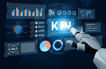 A robotic hand touches a digital screen displaying various graphs and key performance indicators, highlighting the importance of data analysis in modern business strategies. Gantry