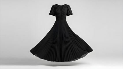 Elegant black pleated maxi dress with puff sleeves, embodying sophisticated style for formal evening events and special occasions